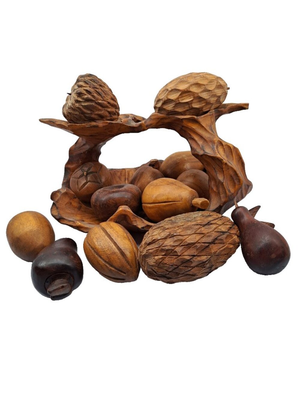 VTG Hand Carved Wooden Fruit in Bowl Basket 13 pcs Decor Multicolor‎ MCM Rustic